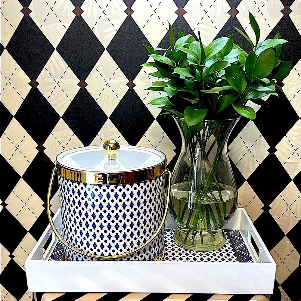 Blue & White Ice Bucket, Lid & Tray Set with Gold‎ Trim | Bar Cart Glam - Picture 9 of 14